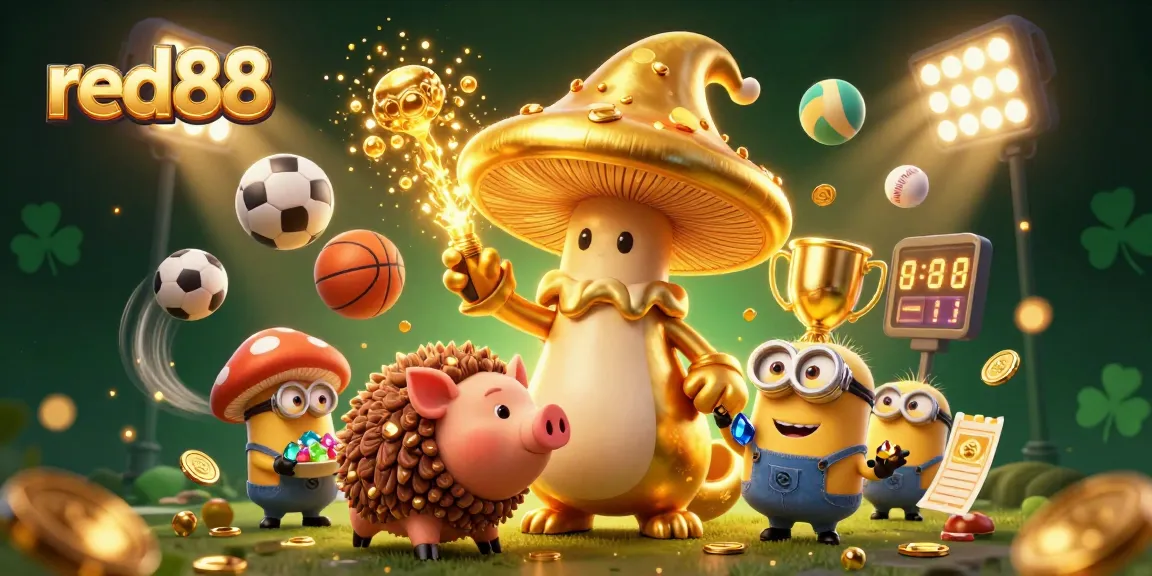 Engage in gaming at red88 with this vibrant 3D illustration showcasing golden treasures and dynamic sports elements.