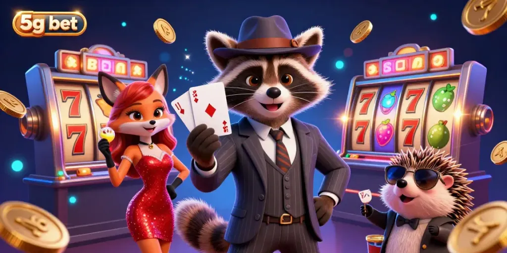 Join the excitement at 5g bet with a stylish raccoon and his companions showcasing a royal flush in a vibrant casino atmosphere.