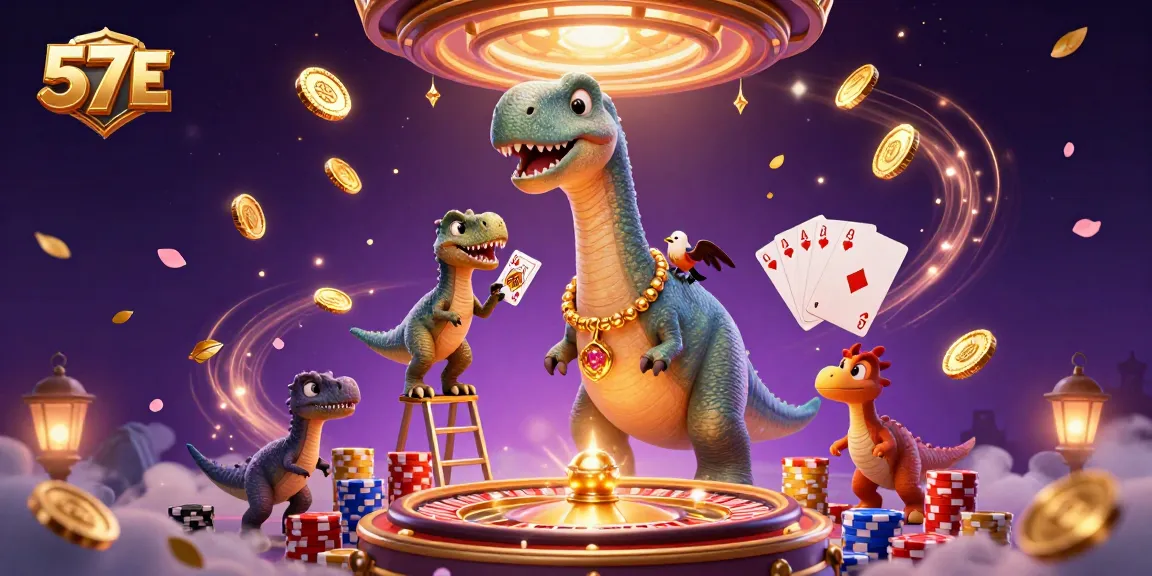 57E casino scene with a 3D brontosaurus and clever raptor dealing cards amidst sparkling gems and colorful chips.