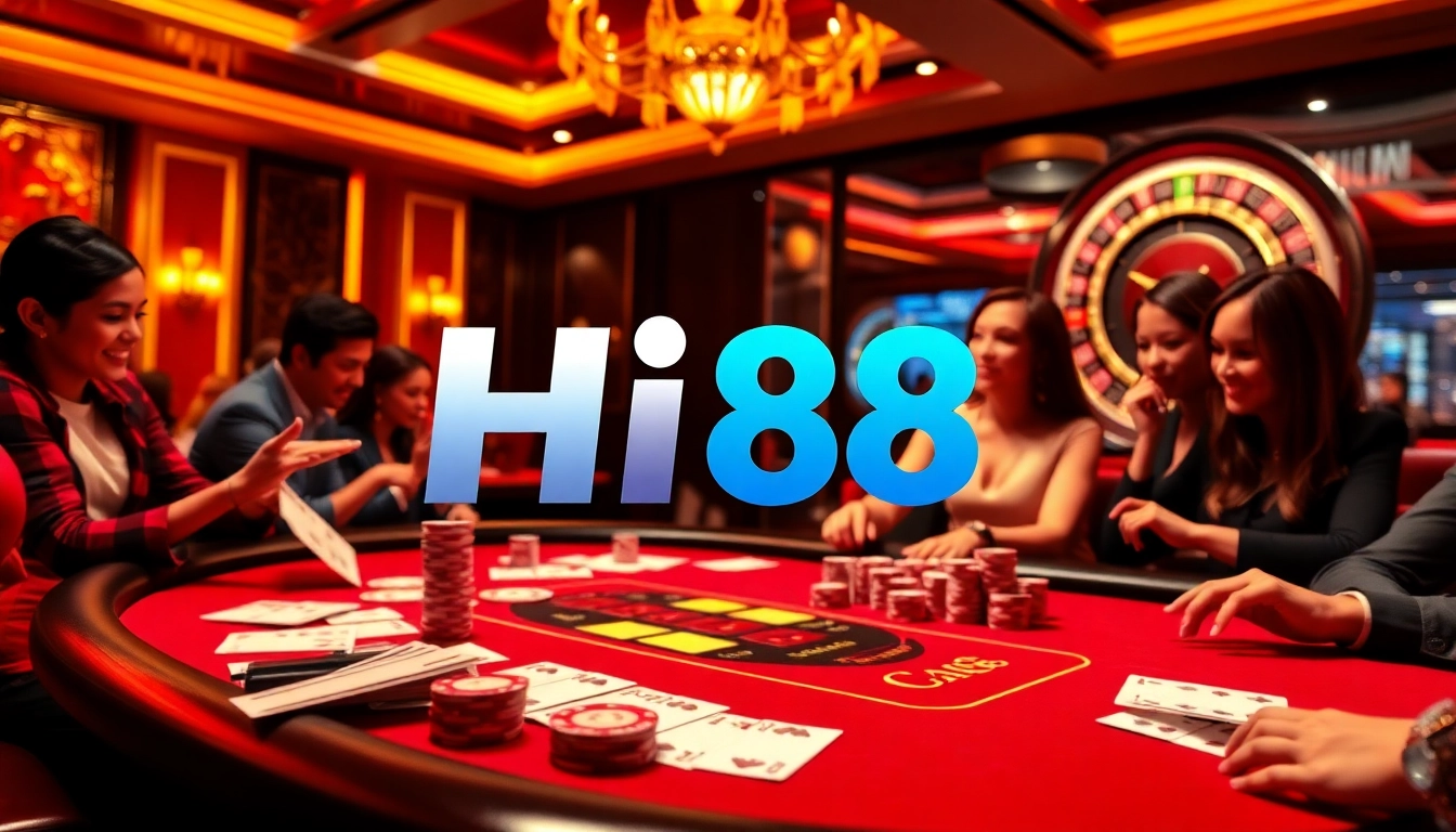 Hi88 casino scene with poker chips and a roulette wheel highlighting the excitement of gambling.
