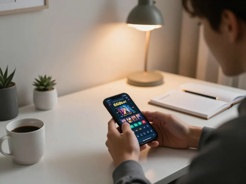 Jogador planeando estratégias no aplicativo móvel da 668bet em um ambiente aconchegante, mostrando jogos online.