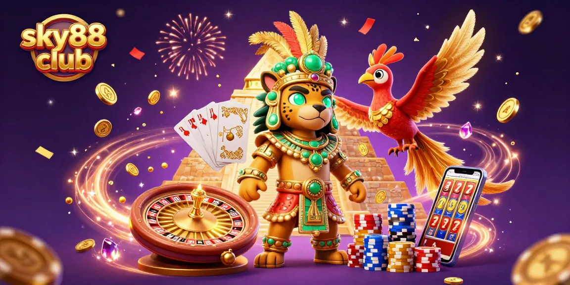 Engage with sky88 club in a vibrant casino illustration full of dazzling winnings and festive elements.