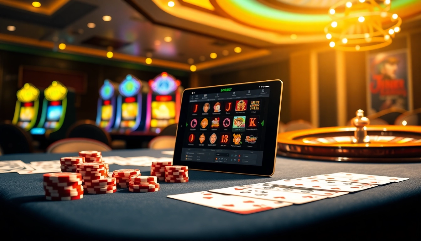 Experience thrilling gaming at เว็บ soibet with sophisticated casino visuals of poker chips, cards, and roulette.