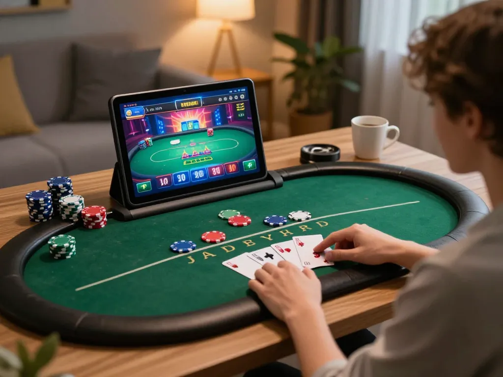Exciting online gambling scene on trang chủ lc88 with player engaging in poker game on tablet