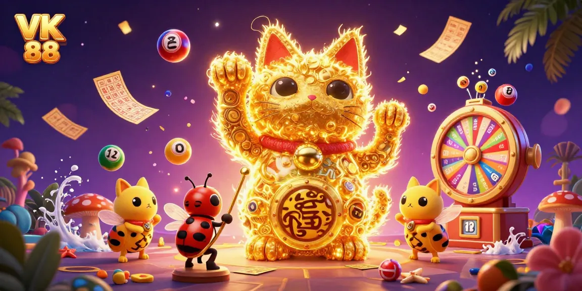 Experience VK 88 in a vibrant 3D casino world with colorful lottery symbols and a lucky cat.