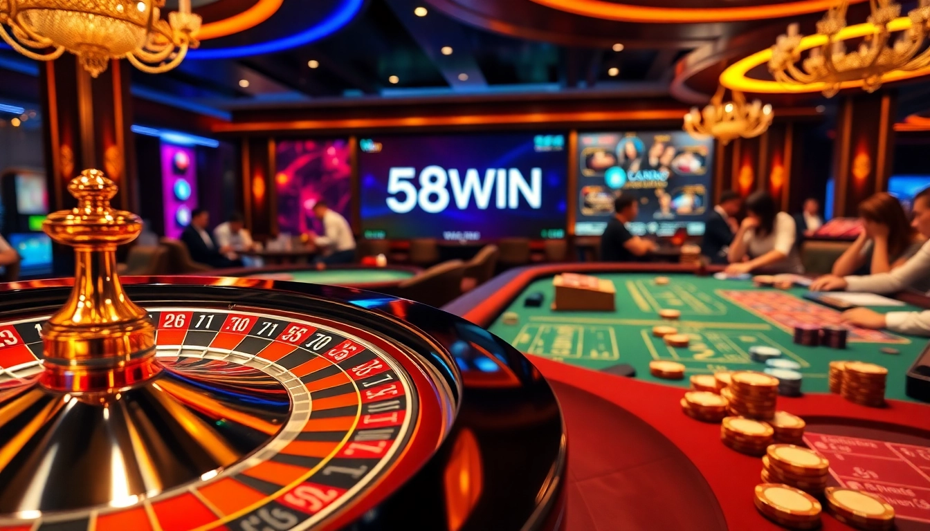 58WIN players engage at the casino table, showcasing vibrant roulette chips and an exciting gaming atmosphere.