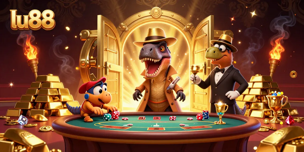 Lu88 velociraptor card counter at a blackjack table, with casino elements and vibrant gem effects.