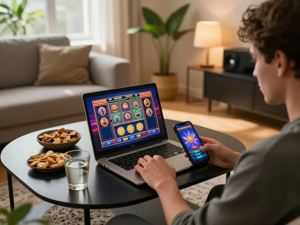 Player engaging with tr88s online casino games on laptop and smartphone, showcasing vibrant slot games.
