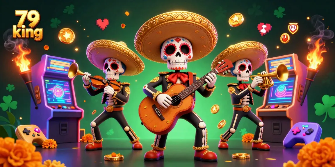 Engage in thrilling gaming at 79 king with vibrant mariachi skeletons amidst gleaming arcade elements.