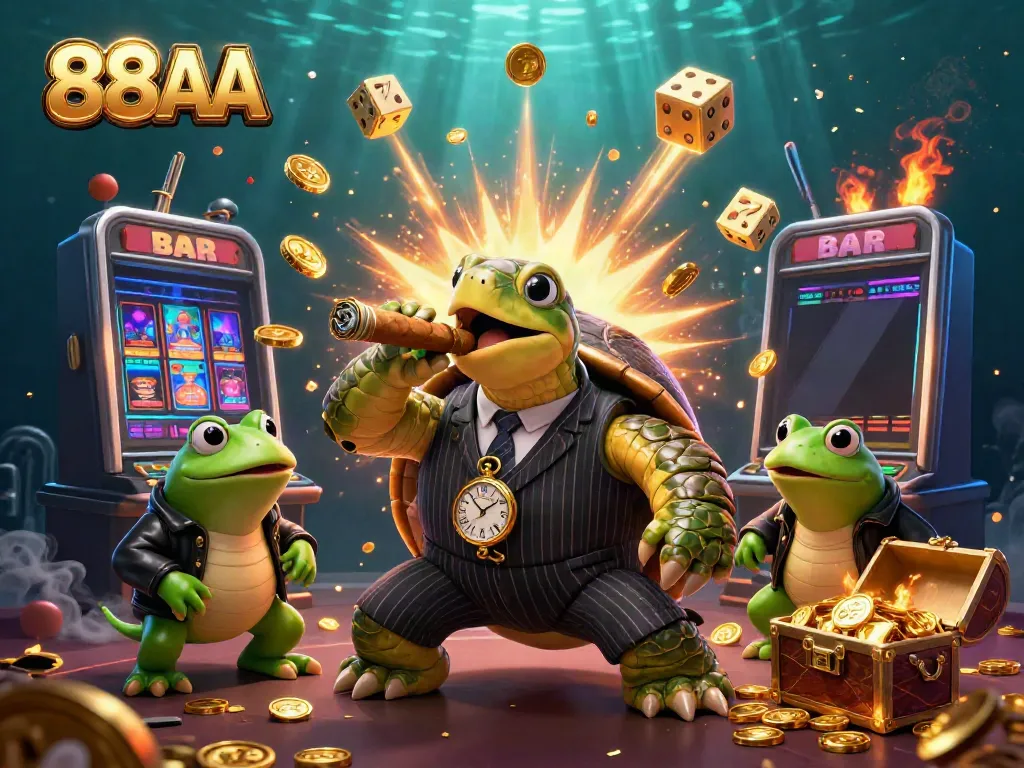 Experience the vibrant casino atmosphere with 88AA, featuring a massive snapping turtle and bullfrog enforcers in action.