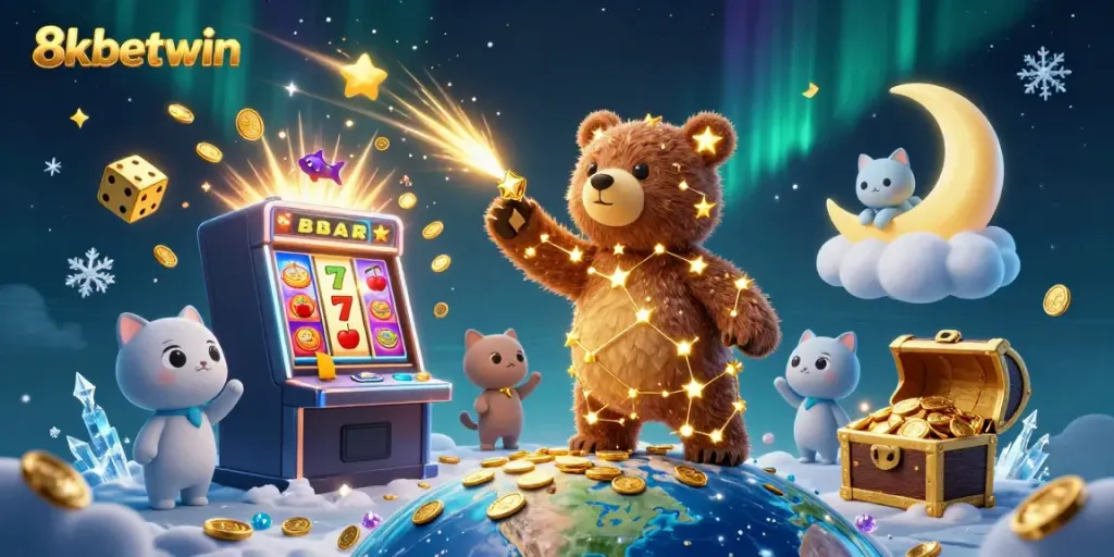 Engage with 8xbetwin's vibrant casino world featuring a constellation bear and jackpot excitement
