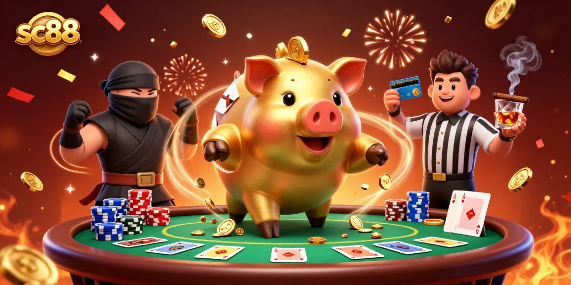 Experience the vibrant energy of sc88 with a golden piggy bank sumo wrestler and wallet-ninja amidst a lively casino scene.