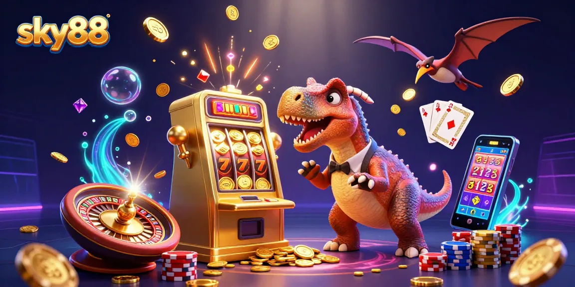 sky88 showcases a fun cartoon scene with a pachycephalosaurus winning jackpot coins at a slot machine surrounded by casino excitement