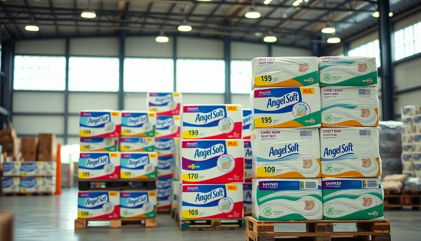 Showcasing Angel Soft Toilet Paper Pallets neatly arranged in a spacious warehouse.