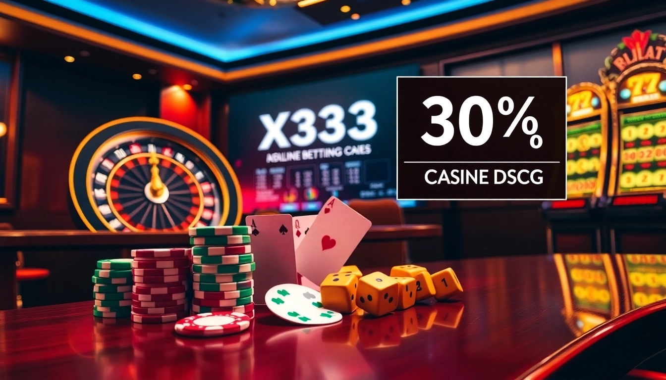 X333 casino platform showcasing live bets, roulette wheel, poker chips, and slot machine action