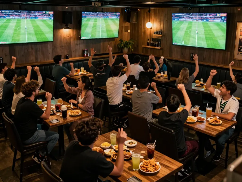 Socolive streaming a thrilling soccer match in a vibrant sports bar filled with cheering fans