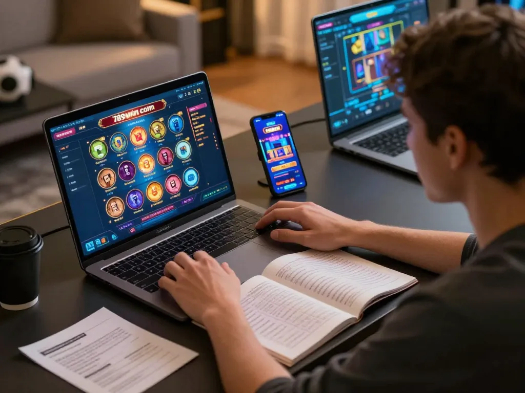 Player strategizing on 789win com during an online gambling session at a modern desk