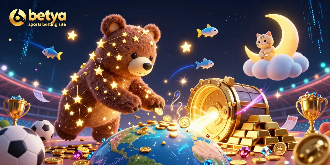 Experience the excitement of the betya sports betting site with gold coins and trophies in this vibrant illustration.