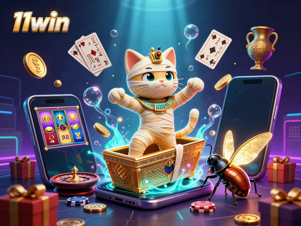 Engage in 11win's vibrant casino action with a cartoon mummy cat and gold coins exploding.