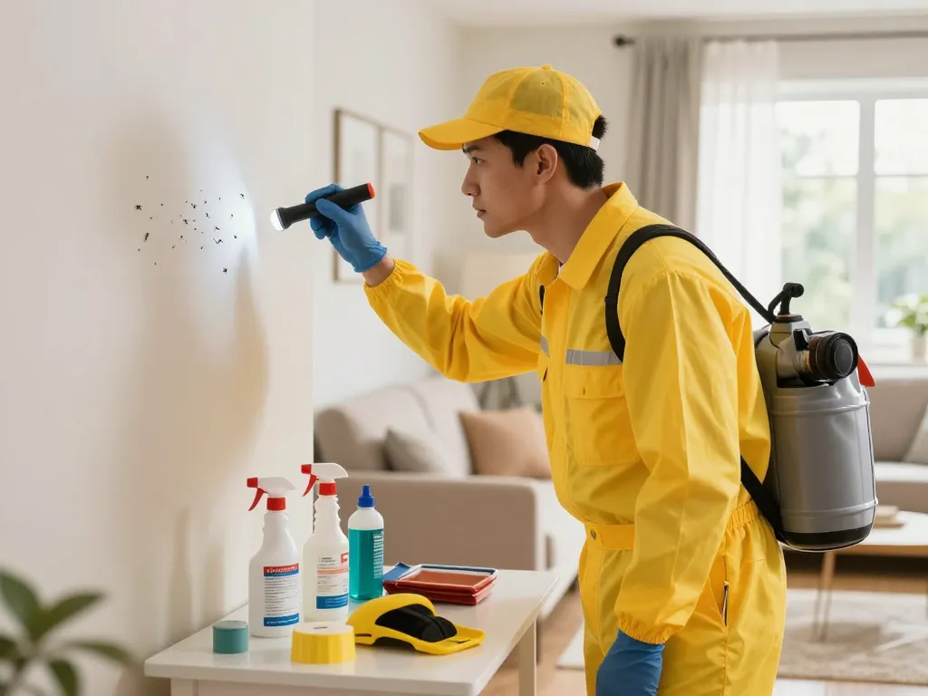 Dedetizadora technician inspecting for pests in a bright living room.