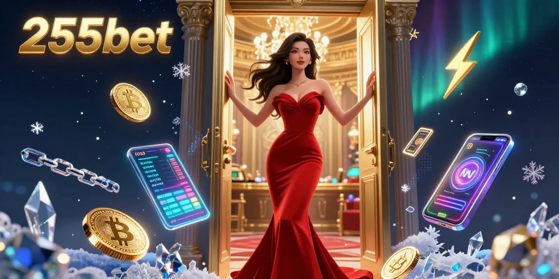 Interaja com 255bet em uma cena vibrante de cassino VIP com elementos de criptomoeda brilhantes.