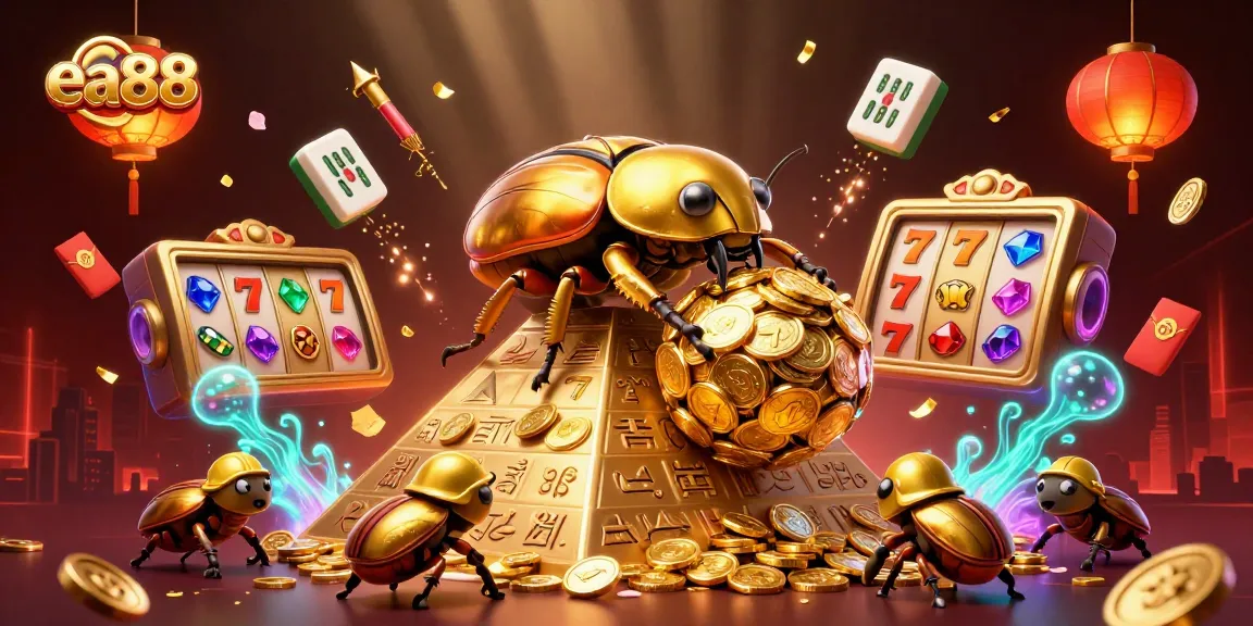 Spin and win with ea88 in a vibrant casino illustration of beetles and golden coins.