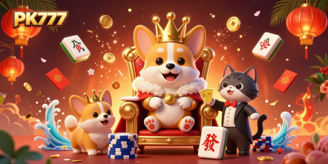 Experience winning thrills at PK777 with a vibrant casino scene featuring royal corgi characters.