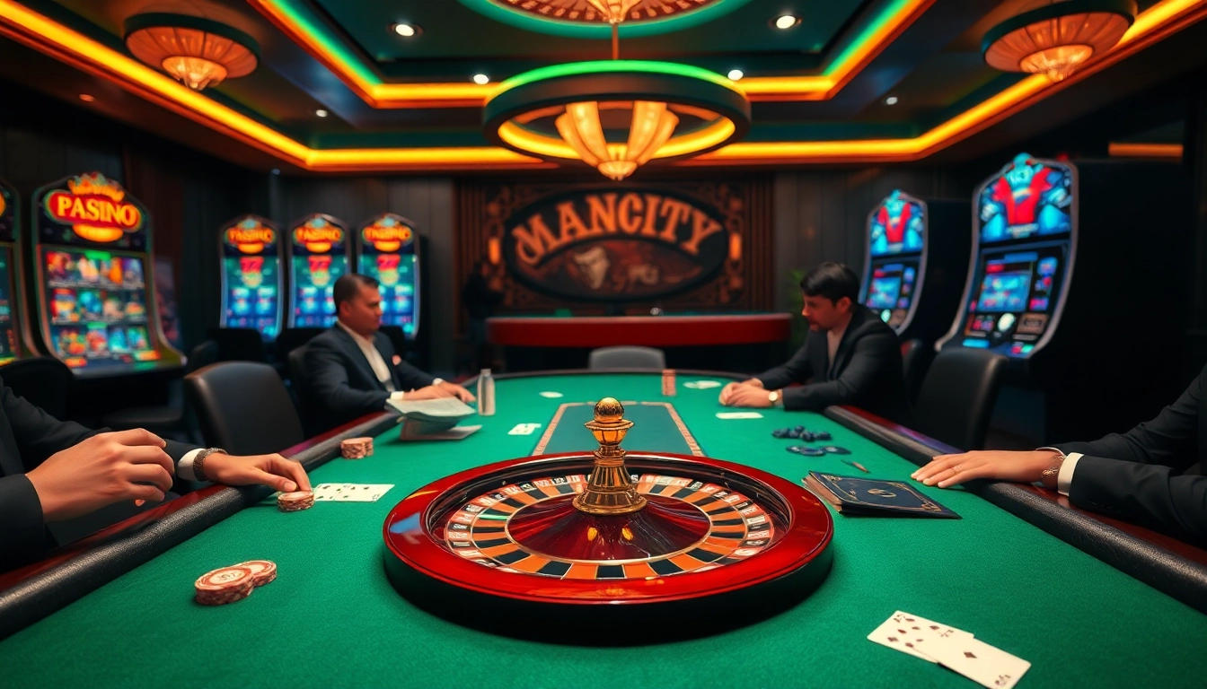 Engaging players in a thrilling Game bài bomwin at a luxurious casino poker table.