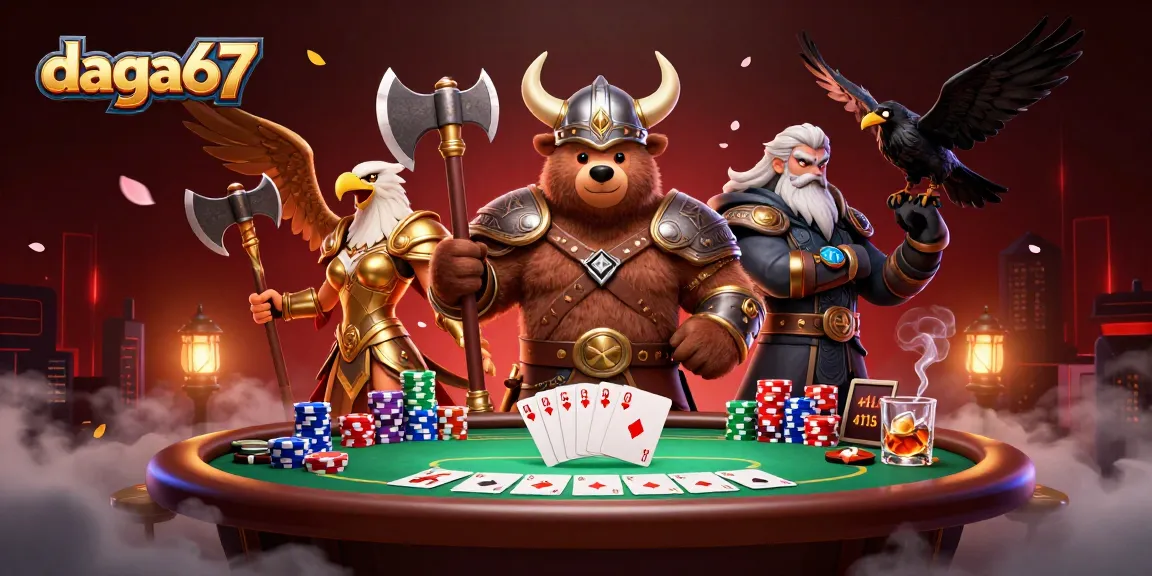 Engage with daga67's thrilling poker moments amid 3D Viking warriors and dramatic casino elements.