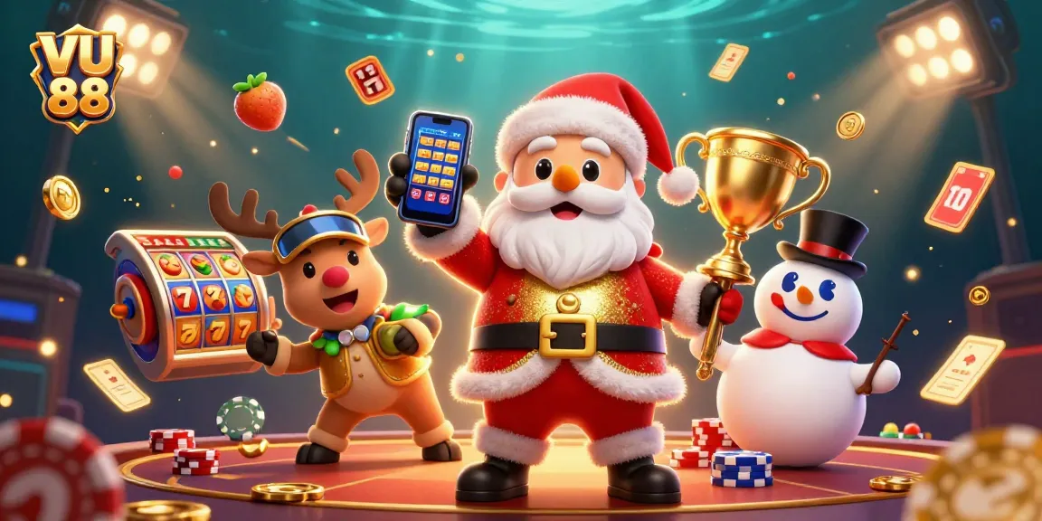 Experience winning thrills with VU 88's jackpot slots in a lively casino illustration.