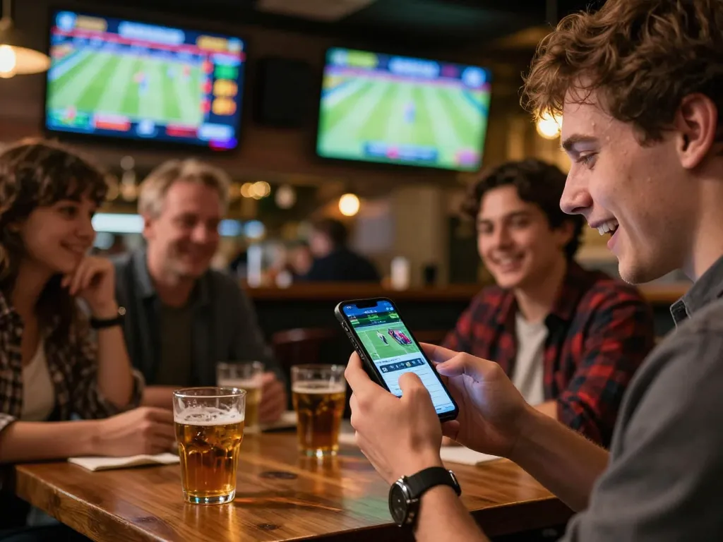 Soi kèo excitement as a person engages in mobile sports betting at a vibrant sports bar.