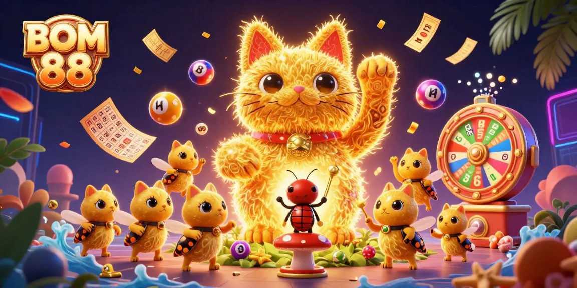 BOM 88 invigorates with a captivating lucky cat illustration surrounded by dynamic lottery elements, enhance your gaming experience!