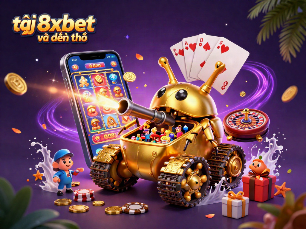 Experience tại 8xbet về điện thoại with a 3D casino-themed scene featuring vibrant games and excitement.