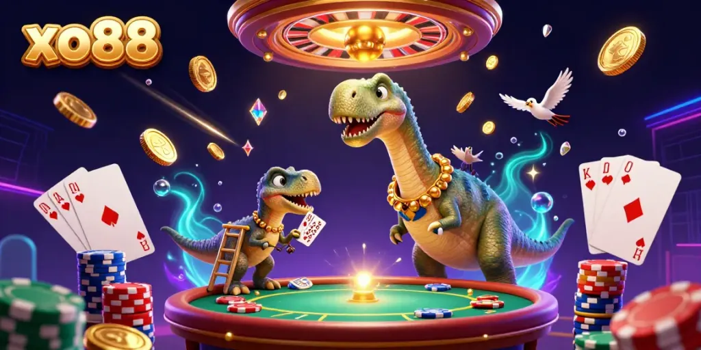 Experience thrilling casino fun at xo88 with a giant brontosaurus and card-dealing raptor surrounded by vibrant gaming elements.