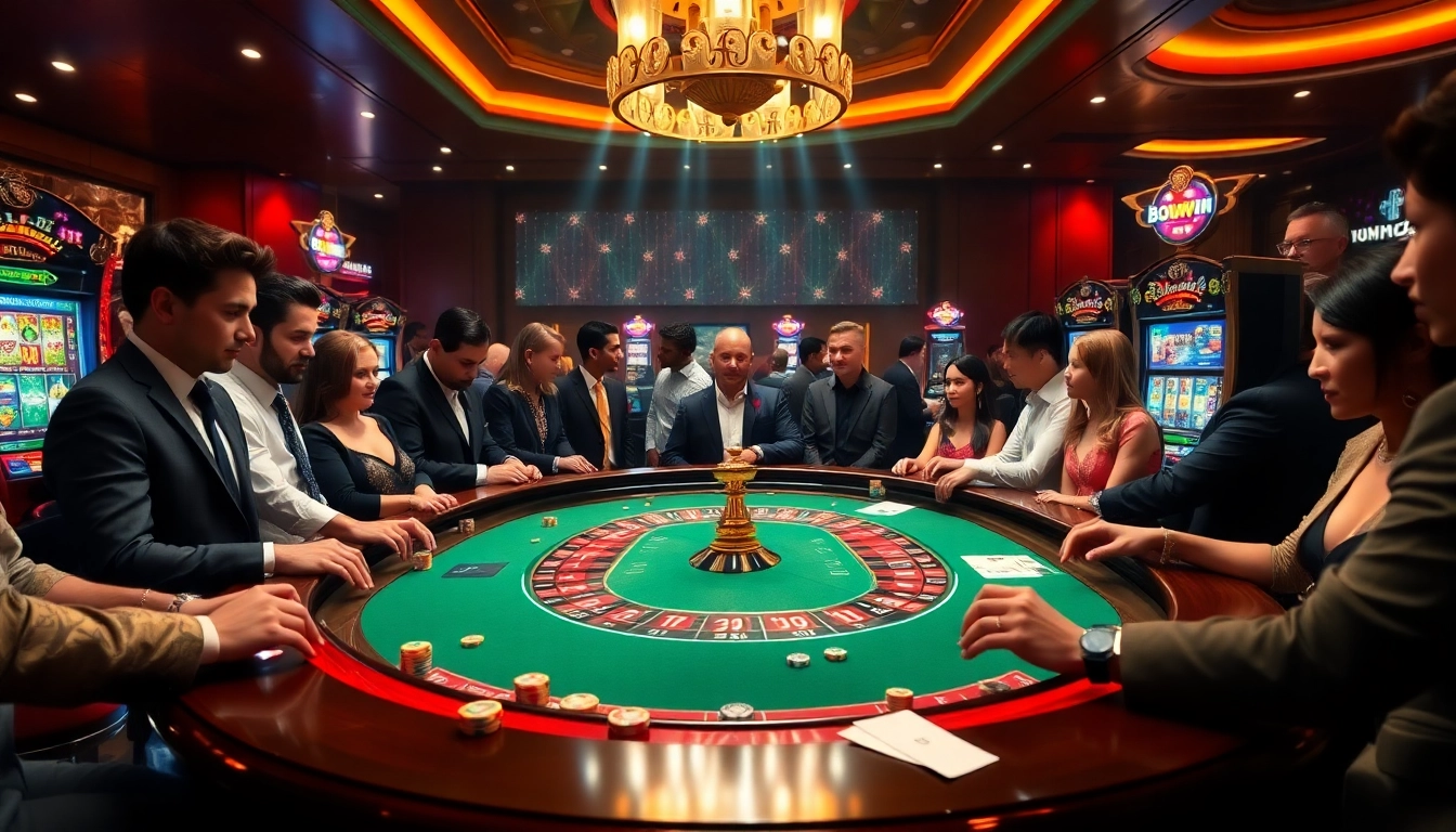 Players engaging in gambling action at a luxurious casino table with bomwin theme elements.