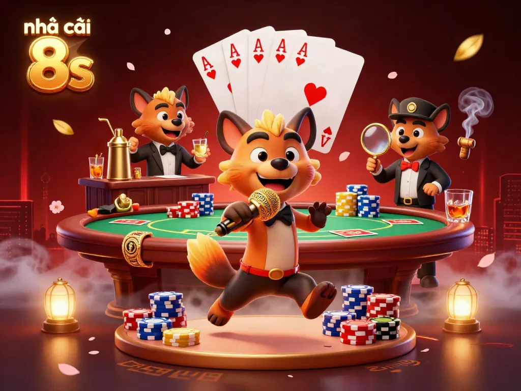 Experience the dynamic fun at Nhà cái 8s casino with hyenas running comedy and gaming in a vibrant scene.