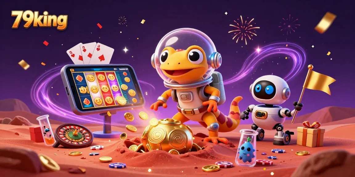Experience thrilling gameplay at 79king with a vibrant 3D illustration showcasing a Martian gecko finding a golden casino.