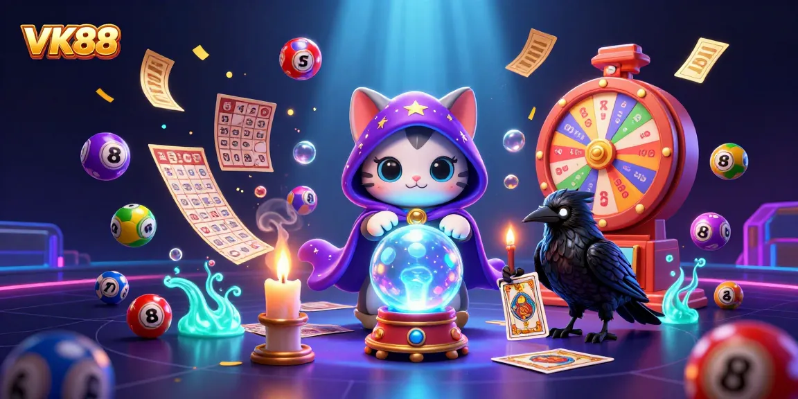 Engage with VK88’s vibrant casino universe, featuring a mystic cat, tarot-card raven, and lottery elements.
