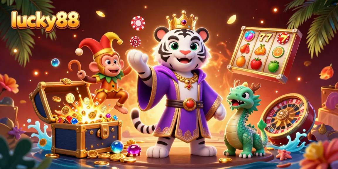 Experience thrilling luck with lucky88 as an elegant tiger, jester monkey, and jade dragon celebrate in a rich casino scene.
