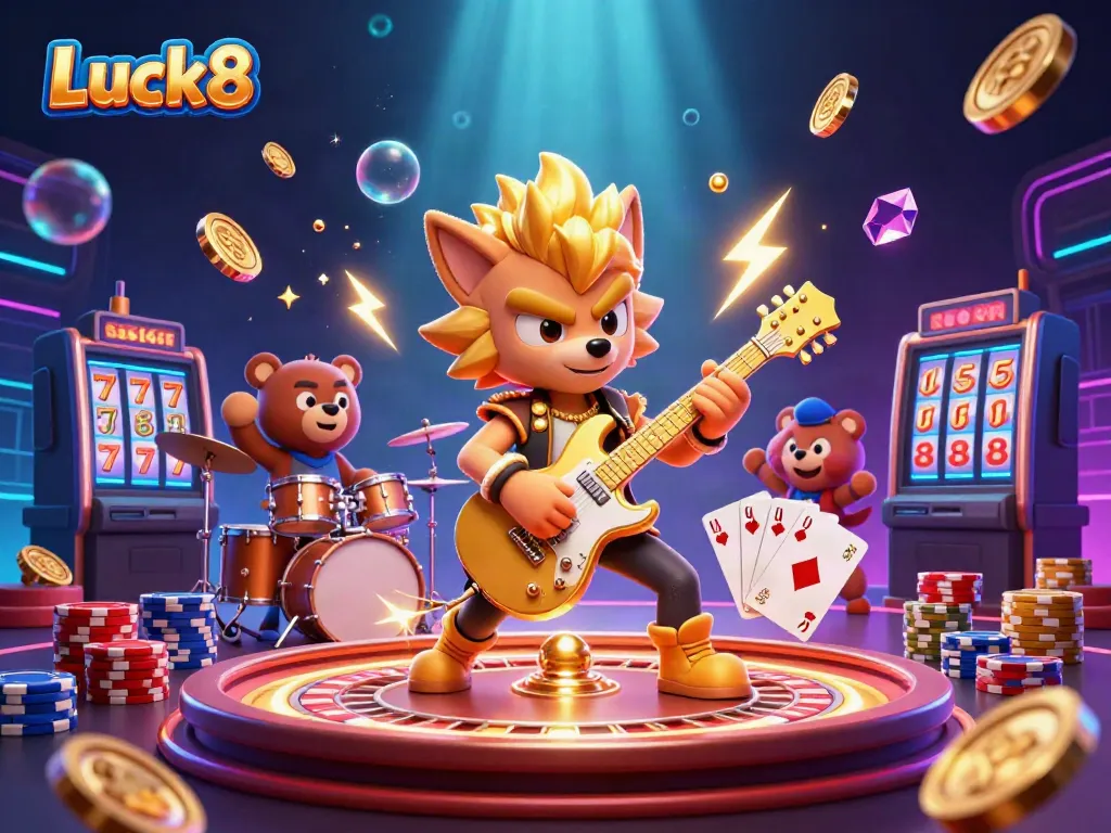 Experience casino excitement with Luck8’s gaming elements amidst a vibrant 3D rock star performance.