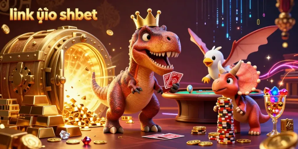 Stack cards and gamble with link vào shbet in this vibrant casino scene full of T-Rex and treasure
