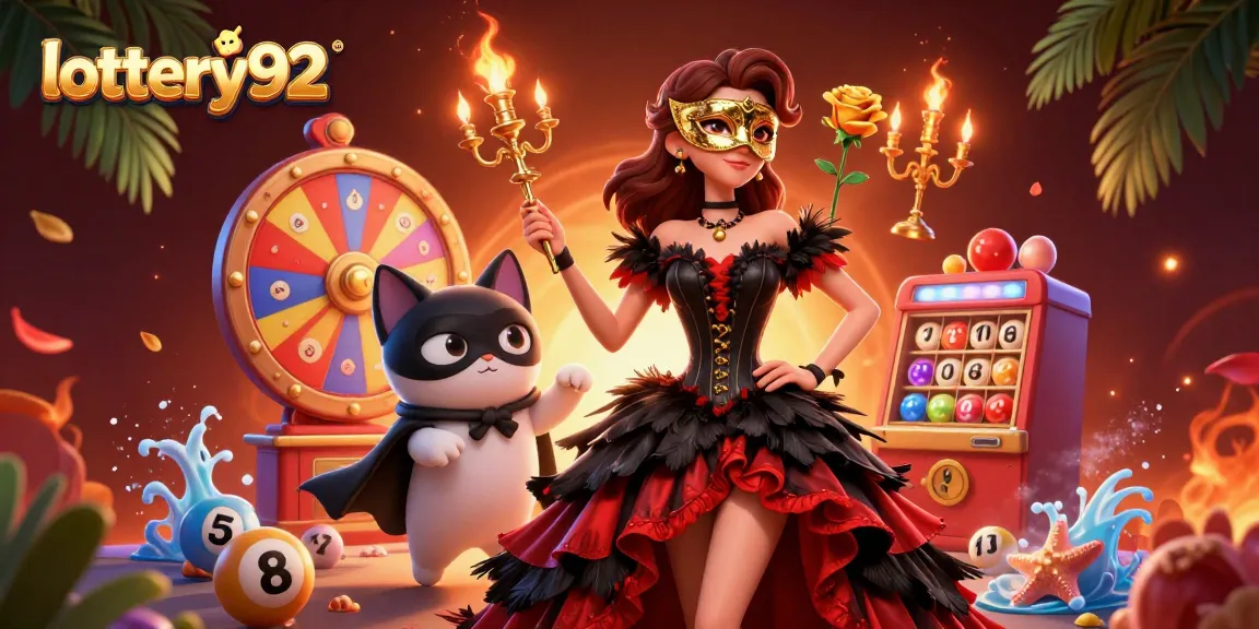 Engage in lottery92 excitement with vibrant scenes of winning balls, a prize wheel, and 3D characters.