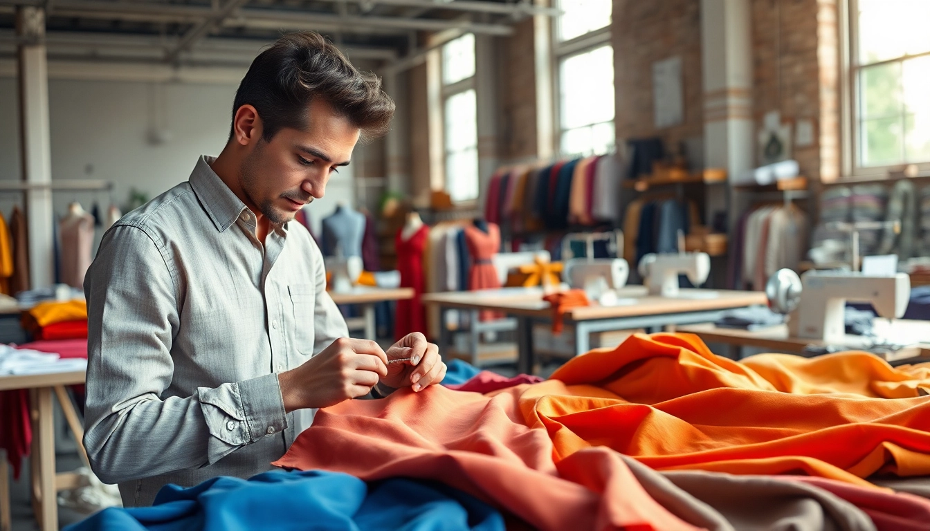 Skilled artisans creating garments in a workshop, highlighting High Quality Clothing Manufacturer craftsmanship.