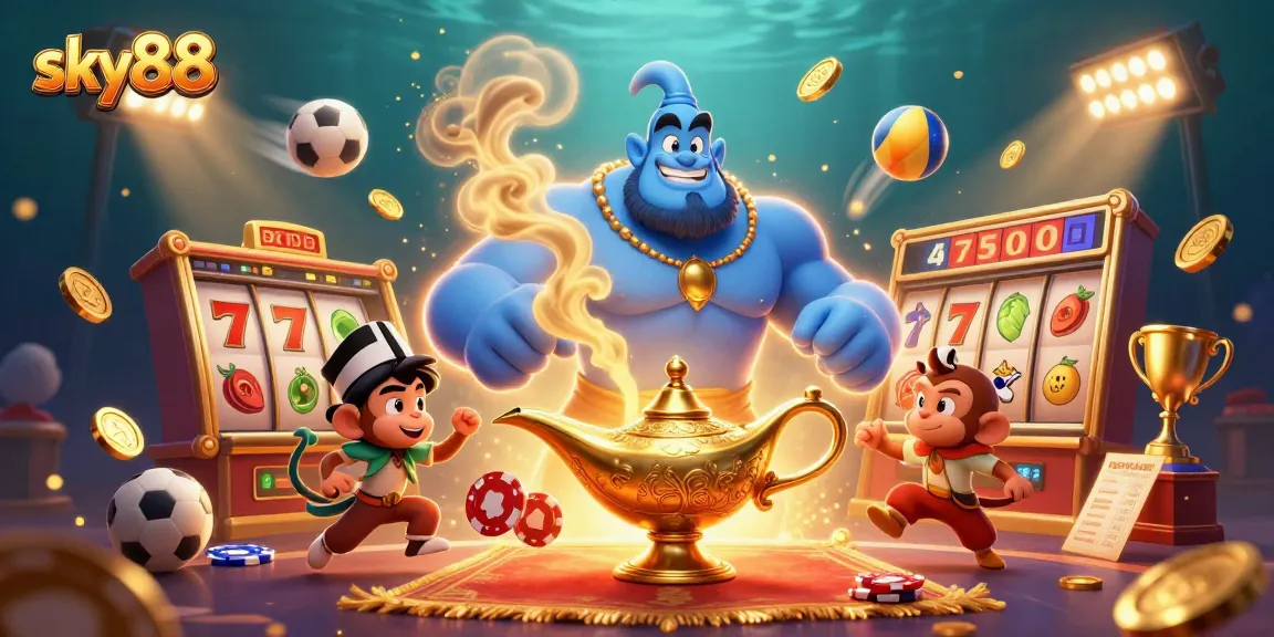 Experience thrilling wins at sky88 with a massive blue genie, Aladdin monkey, and exciting casino elements!