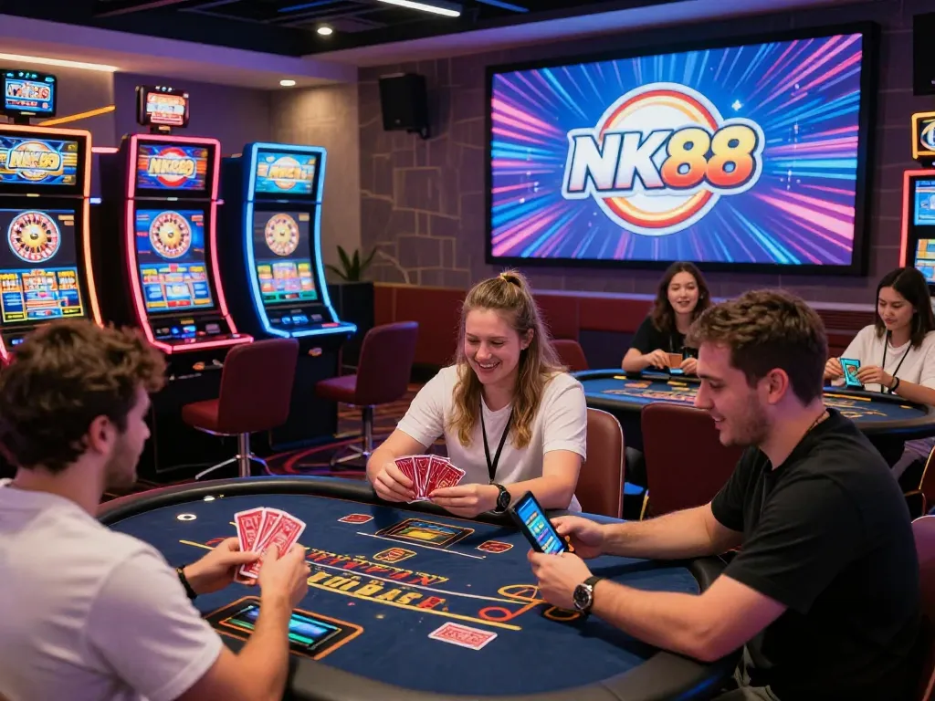 Players enjoying a thrilling gaming experience at NK88 casino, vibrant atmosphere with Slot Machines and live tables.