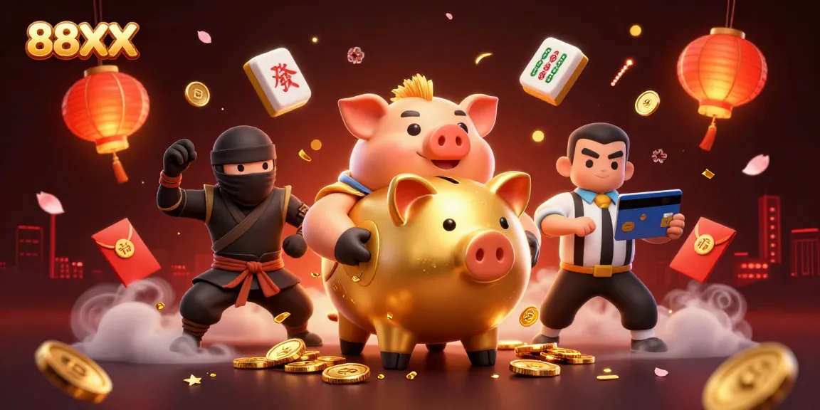 Engage with 88XX, where gaming thrills unfold with a golden piggy bank wrestler amidst traditional elements.