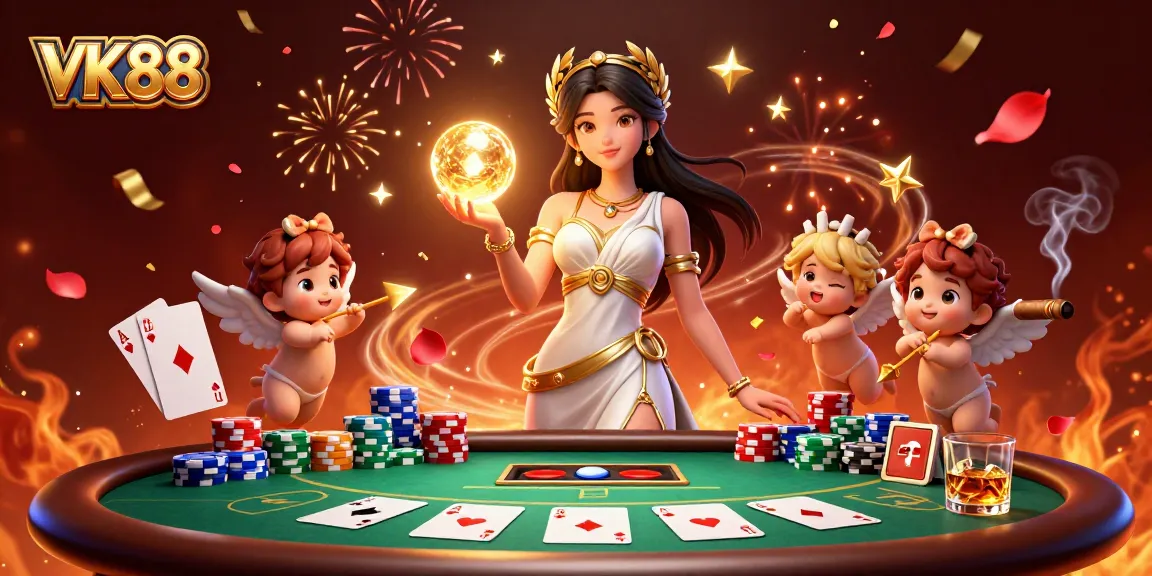 Experience the vibrant energy at VK88 with poker action and a goddess at the center.