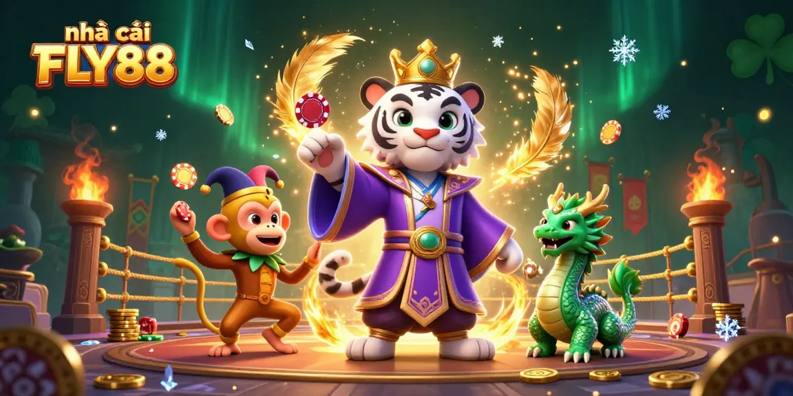 Experience the vibrant action of nhà cái FLY88 with a lively 3D illustration featuring a royal tiger and playful monkey.