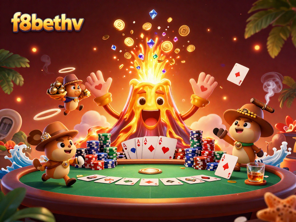 Experience the thrilling gaming adventure at f8bethv with a vibrant volcano and poker elements.