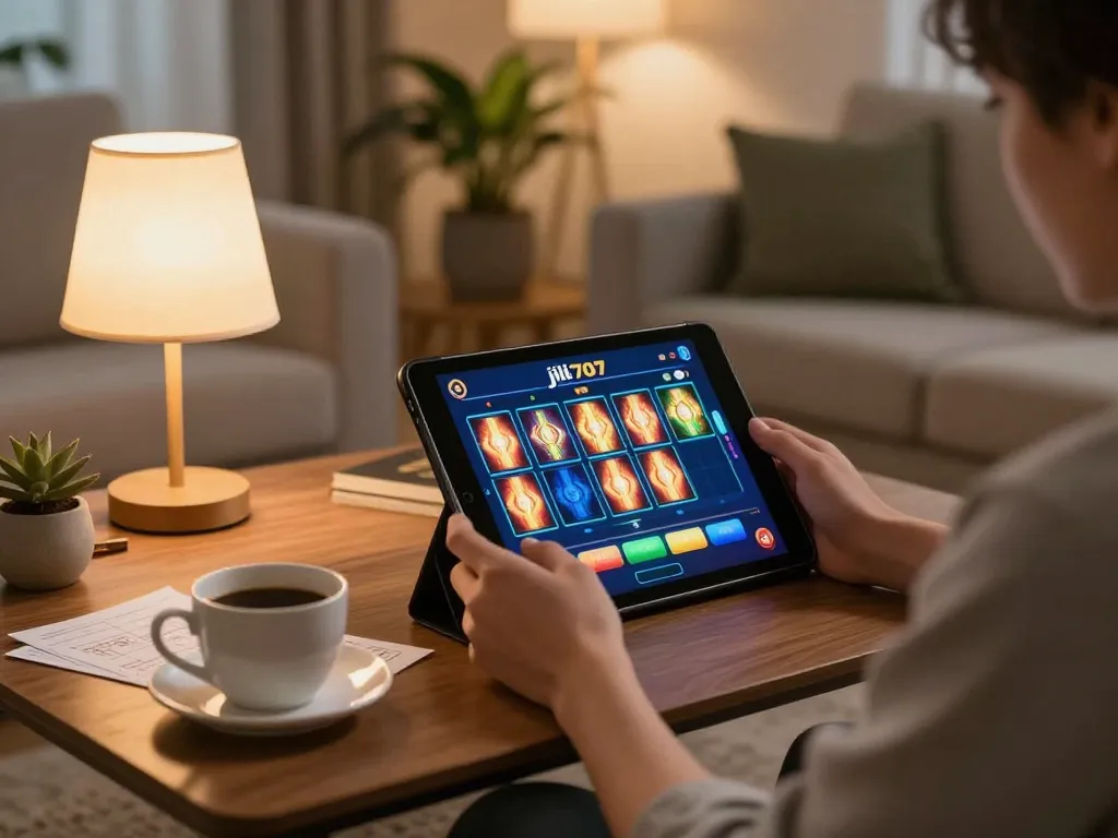 Play jili707 slot machines in a cozy living room setup with relaxed gaming atmosphere.